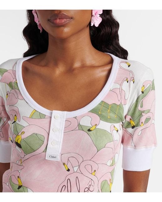 Chloé Pink Printed Cotton-Blend Henley Shirt