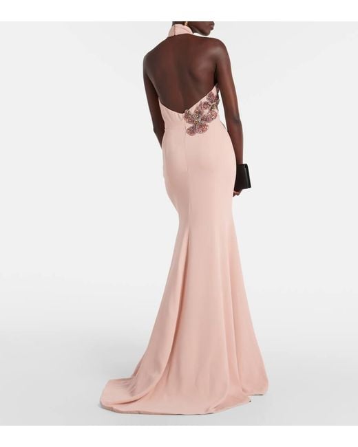 Costarellos Pink Beaded Floral-Applique Gown