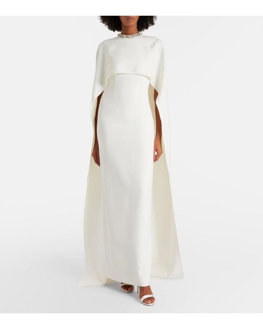Roland Mouret White Crystal-Embellished Caped Crepe Gown