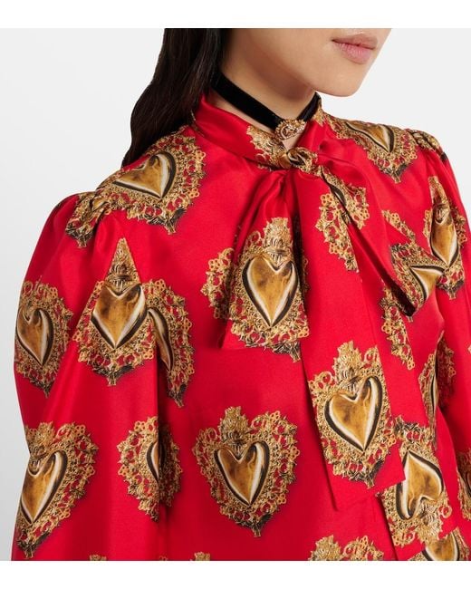 Dolce & Gabbana Red Printed Tie-Neck Silk Blouse
