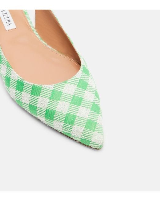 Aquazzura Green Bow Tie Bow-Detail Checked Ballet Flats