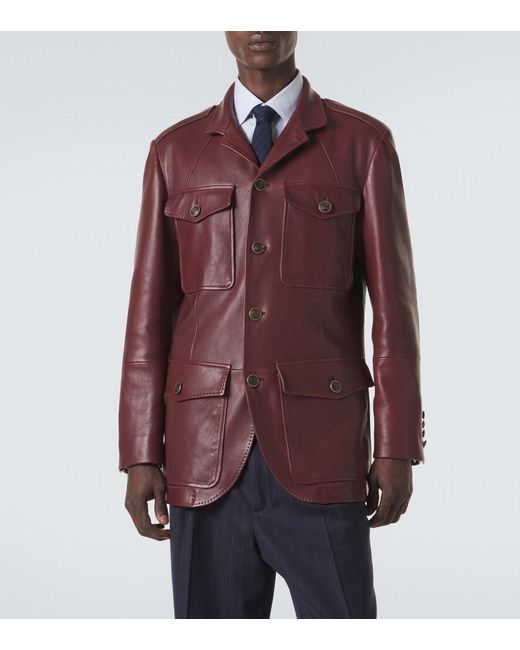 Brunello Cucinelli Red Leather Field Jacket for men
