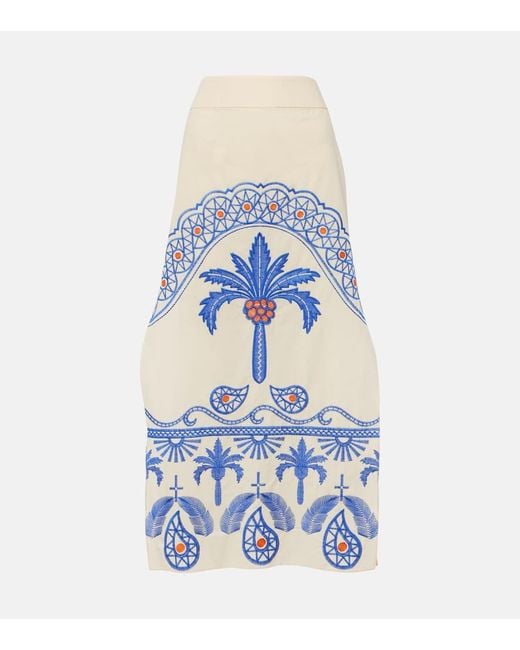 Johanna Ortiz Blue Embroidered Cotton Midi Skirt