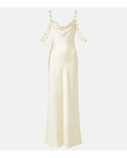 Self-Portrait White Floral-Applique Satin Maxi Dress