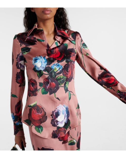 Dolce & Gabbana Red Floral Silk-blend Satin Shirt