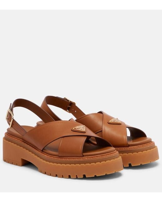 Prada Brown Logo Leather Sandals