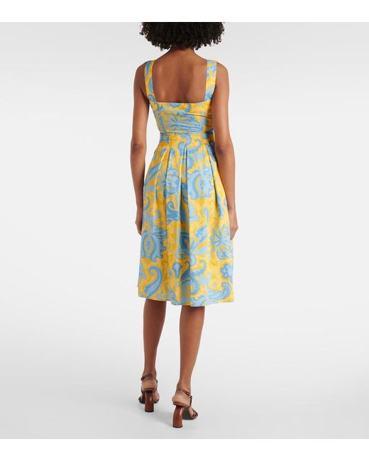 Etro Yellow Paisley Pleated Cotton Midi Dress