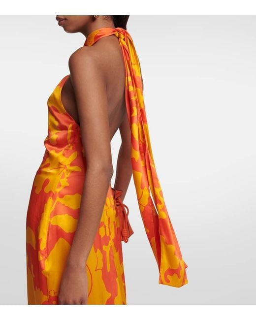 Vestido Largo De Seda Estampado Sir de color Orange