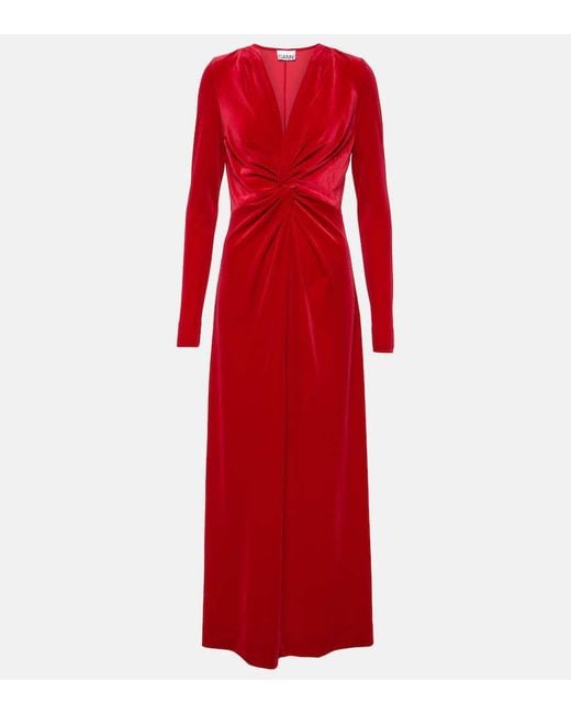 Ganni Red Velvet Jersey Twist Long Kleid