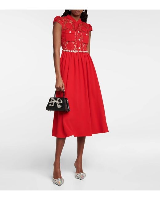 Self-Portrait Red Lace-trimmed Crepe Midi Dress