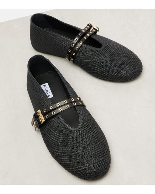 Alaïa Black Flache Schuhe Aus Raffiabast Mit Lederbesätzen