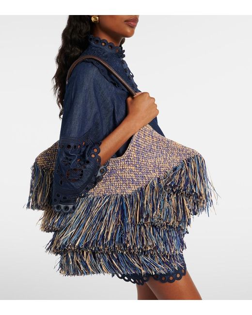 Zimmermann Blue Goldentime Medium Fringed Raffia Tote Bag