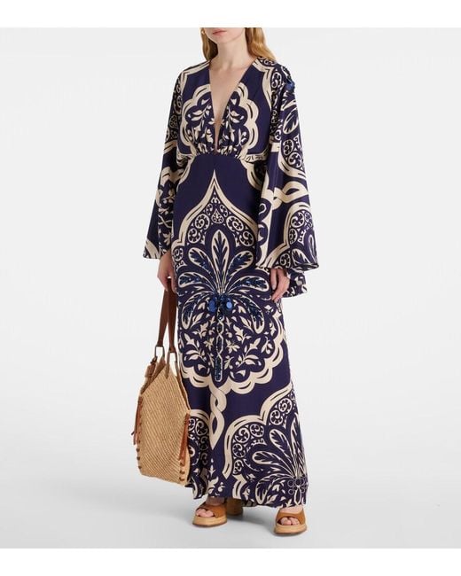 Johanna Ortiz Blue Sequined Printed Silk Maxi Dress