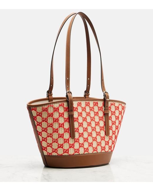 Gucci Red Gg Small Raffia-Effect Tote Bag