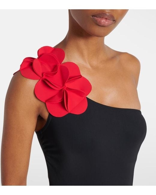 Karla Colletto Blue Tess Floral-Applique One-Shoulder Swimsuit