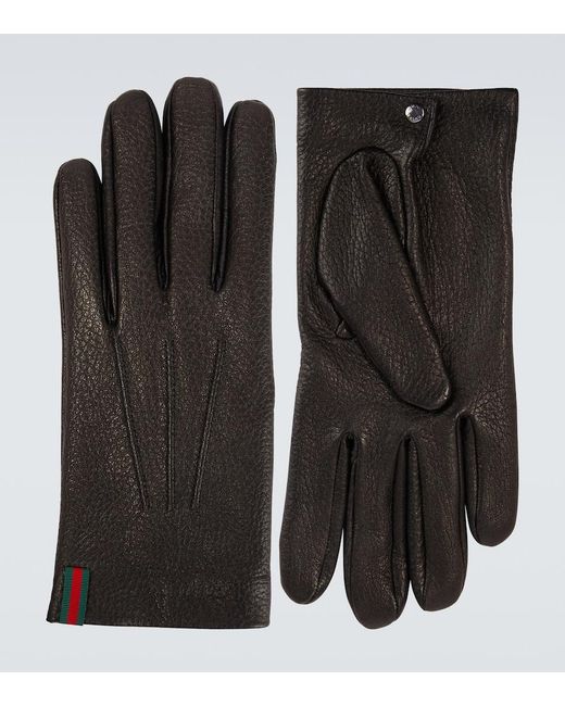 Gucci Black Web Stripe Leather Gloves for men