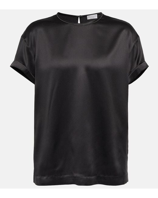 Brunello Cucinelli Black Embellished Silk-Blend Satin T-Shirt