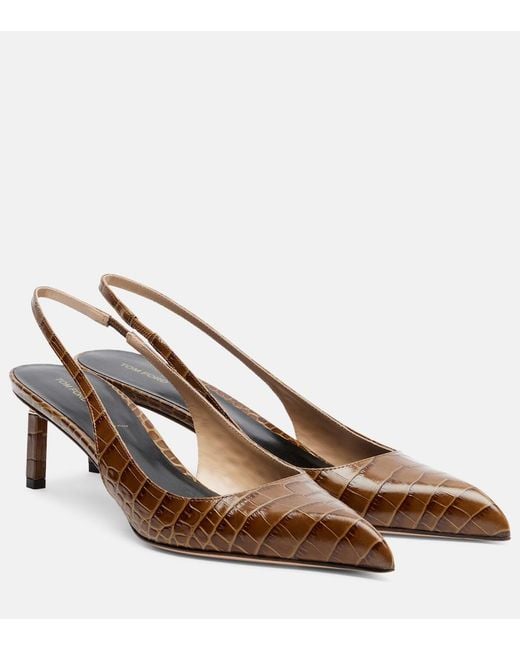 Tom Ford Brown Croc-Effect Slingback Pumps