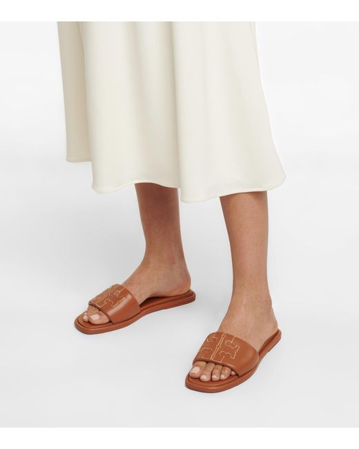Tory Burch Double T Sport Leather Sandals in Brown | Lyst