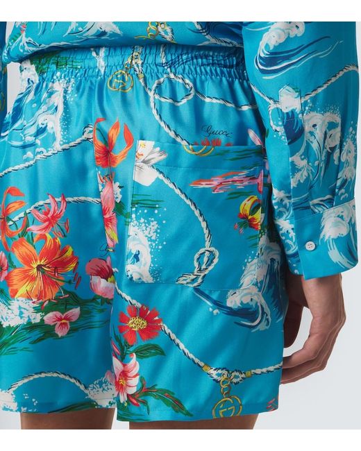Gucci Blue Printed Silk Twill Shorts for men