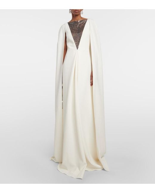 Safiyaa White Abrielle Embellished Caped Gown