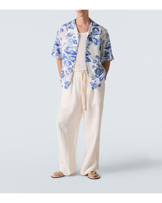 Commas Blue Floral Linen Bowling Shirt for men