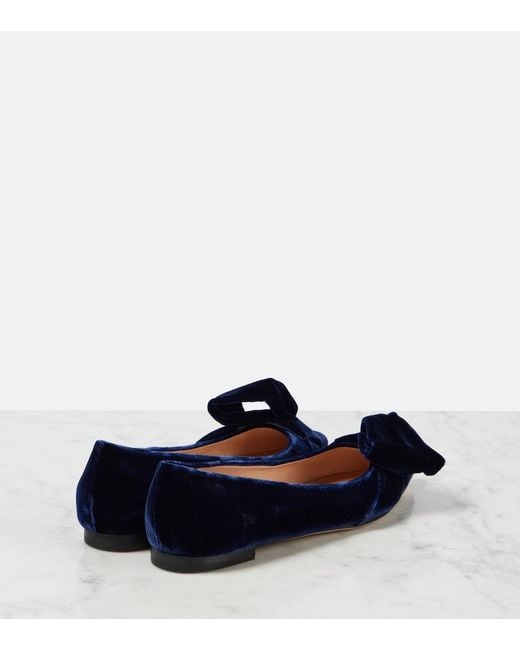 Gianvito Rossi Blue Bow-Detail Velvet Ballet Flats