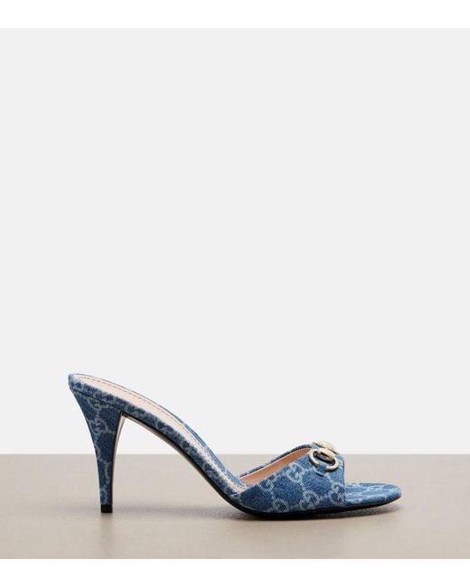 Gucci Blue Horsebit Gg Denim Mules