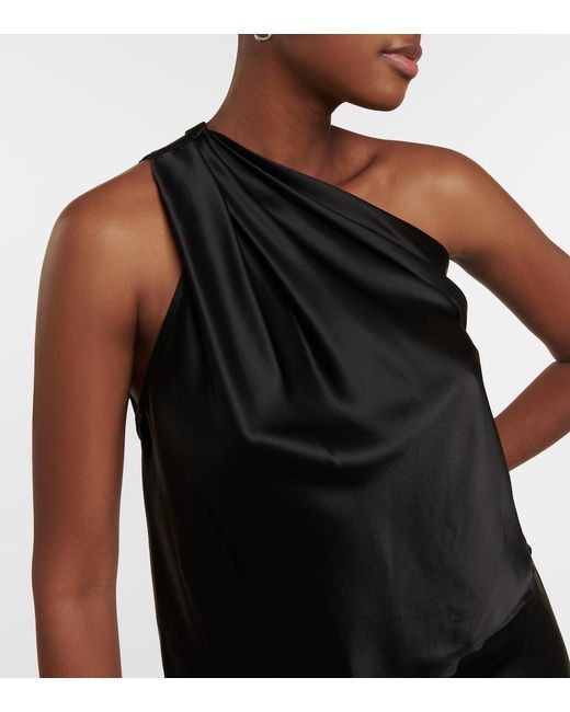 The Sei Black Draped One-Shoulder Silk Satin Top