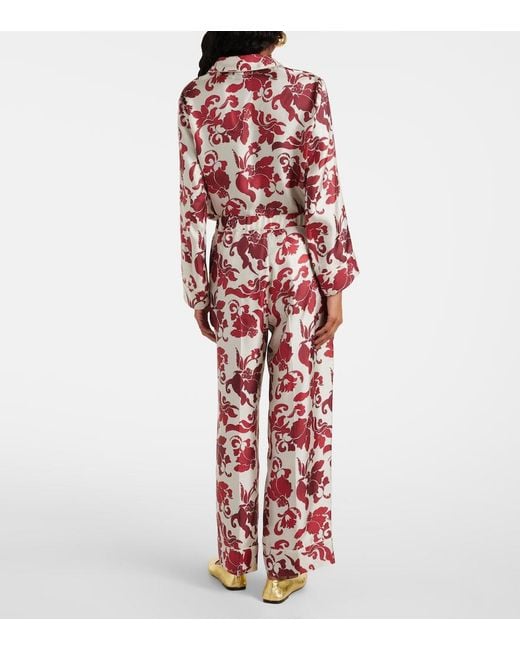 Max Mara Red Leda Printed Silk Wide-Leg Pants