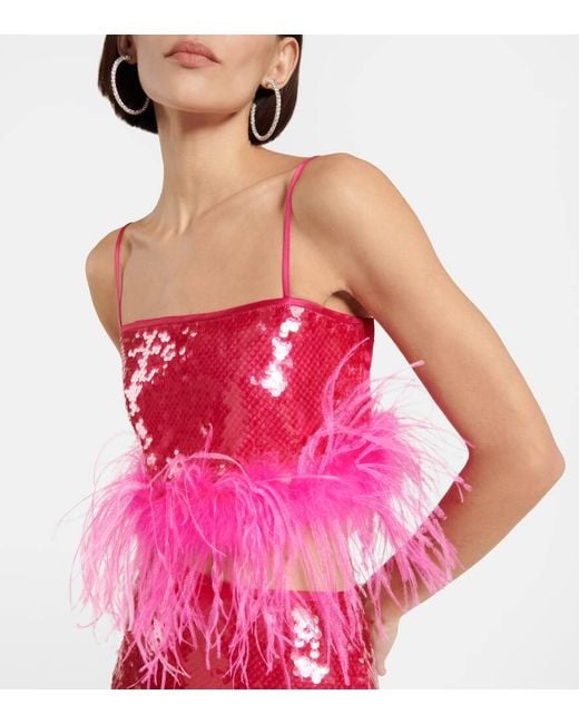 GIUSEPPE DI MORABITO Pink Sequined Feather-trimmed Crop Top