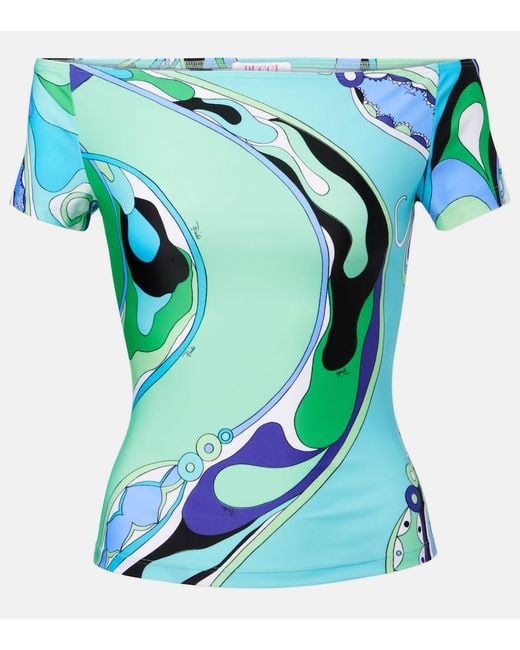 Emilio Pucci Blue Off-Shoulder-Top Orchidee