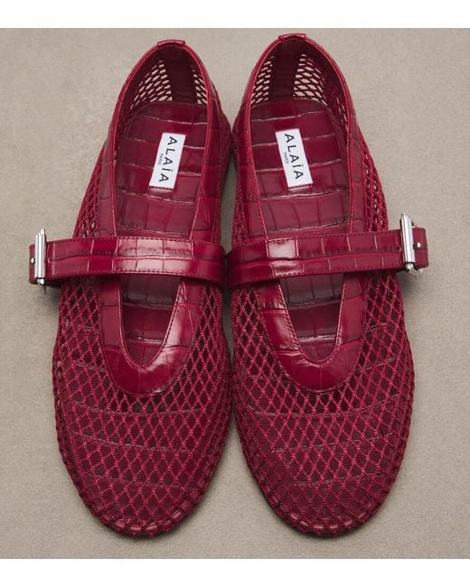Alaïa Red Croc-Effect Fishnet Ballet Flats