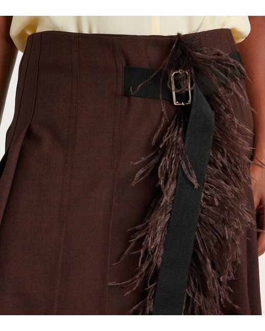 Plan C Brown Feather-Trimmed Pleated Wrap Skirt