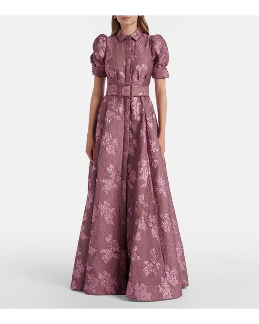 Rebecca Vallance Purple Annette Button Belted Brocade Gown