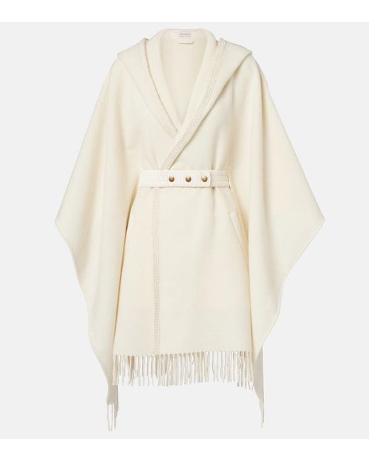 Moncler Natural Belted Fringed Virgin Wool Cape