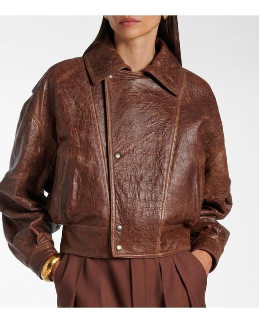 Saint Laurent Brown Double-Breasted Leather Bomber Jacket
