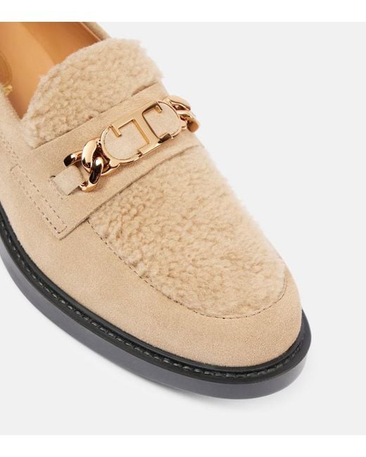 Tod's Natural Shearling-Trimmed Suede Loafers