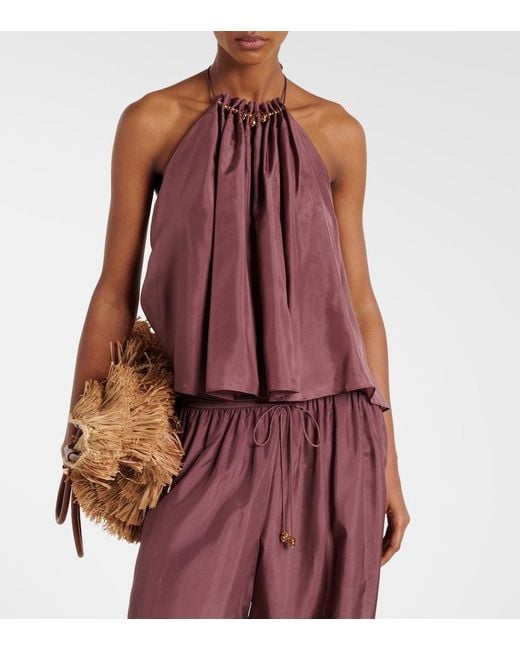 Zimmermann Purple Aster Beaded Halterneck Silk Top