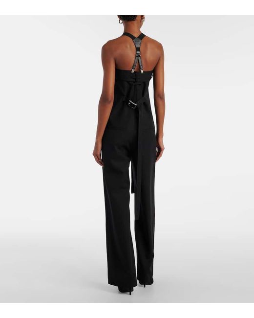 Jean Paul Gaultier Black Leather-Trimmed Virgin Wool Jumpsuit