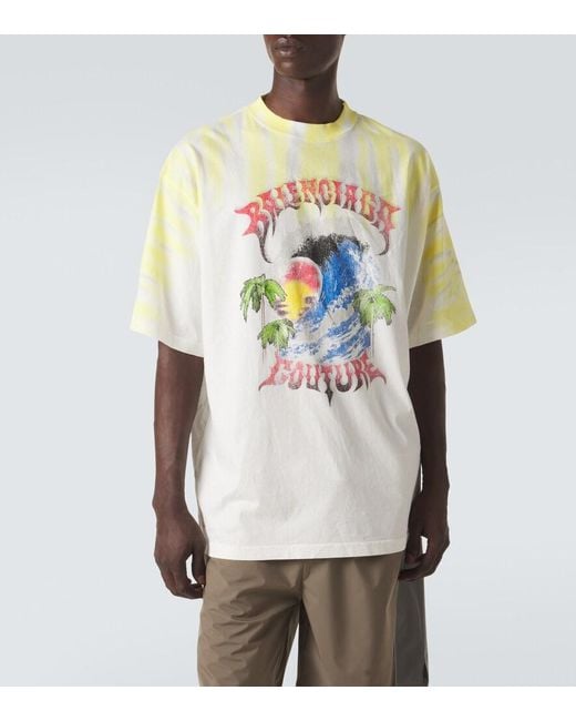 Balenciaga White Printed Tie-Dye Cotton Jersey T-Shirt for men