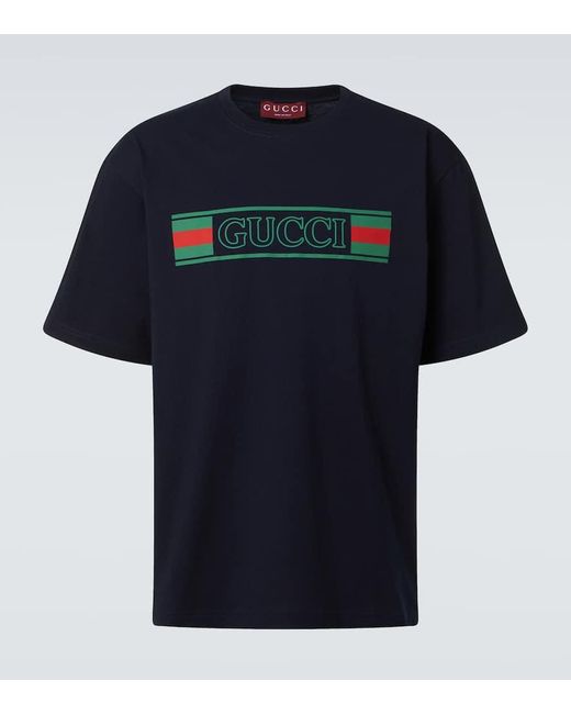 Gucci Blue Logo-Flocked Printed Cotton-Jersey T-Shirt for men