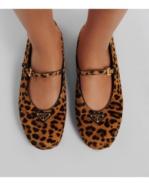 Prada Brown Leopard-Print Calf Hair Mary Jane Flats