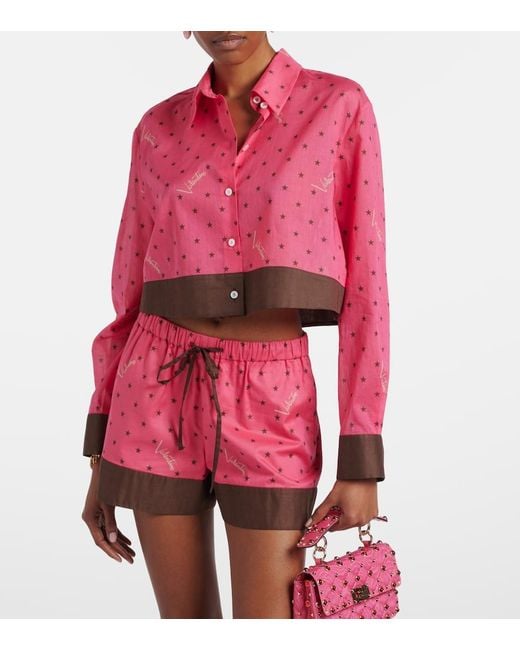 Valentino Red Cropped Printed Cotton Shirt