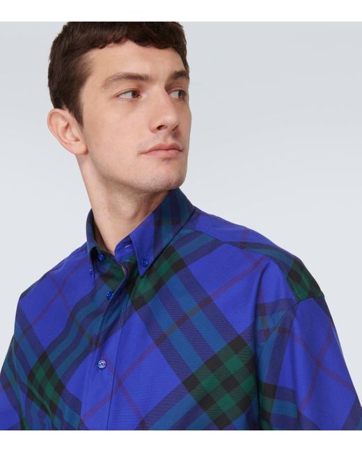 Burberry Blue Button-down Collar Logo-embroidered Checked Cotton-twill Shirt for men