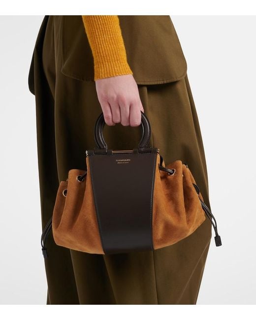 Ferragamo Brown Gancio Small Suede Bucket Bag