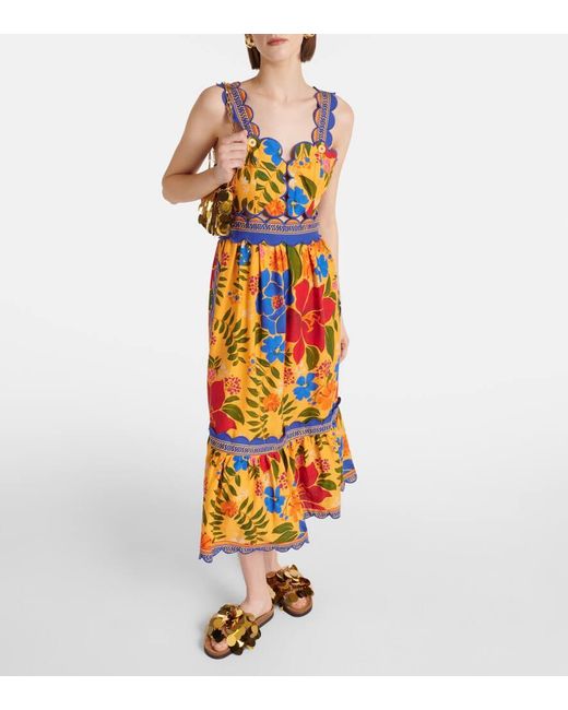 chinese dress ladies Farm Rio Cutout Floral-print Linen-blend Midi Dress