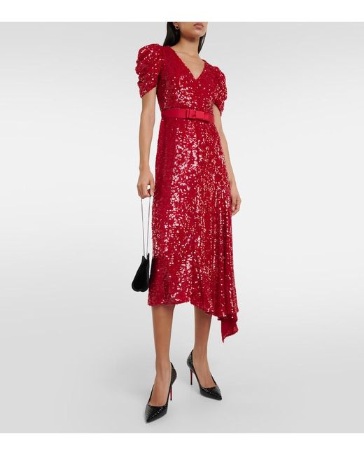 Erdem Red Asymmetric Sequined Midi Dress