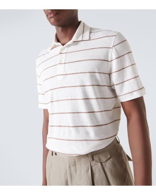 Brunello Cucinelli White Striped Linen And Cotton Polo Shirt for men