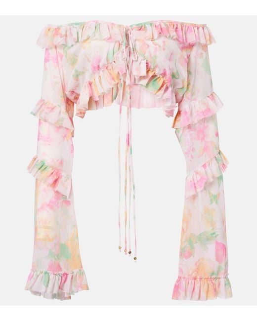 Bananhot Pink Anita Floral Ruffled Off-Shoulder Crop Top